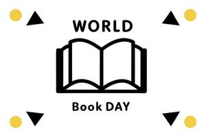 Bright and cheerful World Book Day banner with a book and globe, decorated with confetti and colorful geometric shapes vector
