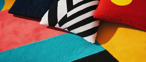 Bold Memphis-inspired textiles with vibrant colors and striking patterns on display photo