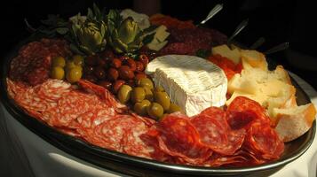 Rustic italian antipasto platter with cured meats, cheeses, and olives for gourmet entertaining photo