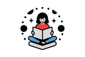 World Book Day Cute Girl Reading a Book with Magical Symbols Around Her, Representing the Joy and Magic of Reading and Learning vector