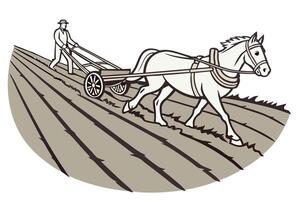 A vintage scene of a farmer plowing a field with the help of a horse, highlighting old fashioned farming tools and methods for soil cultivation vector