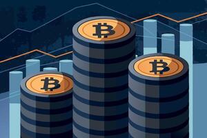 Cryptocurrency growth with stacked Bitcoin coins and a graph showing rising cash flow vector