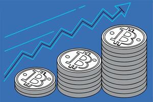 Bitcoin currency stacked with a graph indicating rising cash flow and increasing value vector