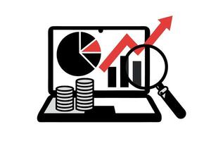 finance analysis concept with charts and cash flow, represented through a magnifying glass and growth graphs on a screen vector