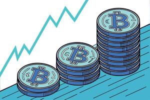Crypto coins with a rising arrow and stacks of Bitcoin coins, representing rising cash flow vector