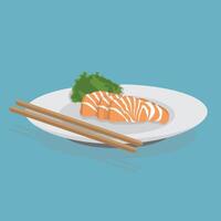 A plate with salmon and chopsticks on it vector