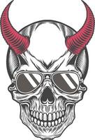 Demon skull with red horns and sunglasses in retro style illustration artwork for streetwear design vector