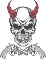 Retro skull with devil's red horns and two guns in retro illustration artwork vector