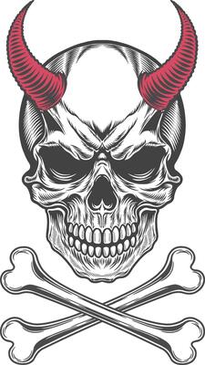 A skull with horns and crossbones