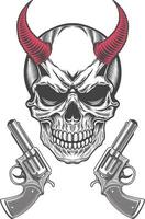 Demon skull with two devil's red horns and two guns on a white background vector
