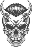 Retro demon skull with horns on its head in monochrome illustration artwork vector