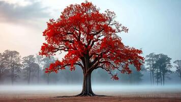 A red tree stands alone in a foggy field video