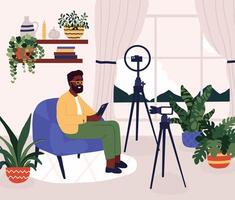 Blogger interview live streaming. Blogger man character. Online podcast record studio. Social media network broadcast. Vlogger stream at home interior flat illustration vector