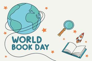 Exciting World Book Day graphic with Earth floating above an open book and fun doodles vector