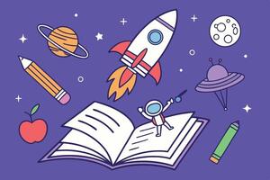Whimsical World Book Day image with an open book, rocket ships, planets, and stars, evoking curiosity and exploration vector