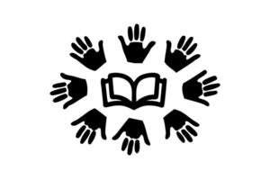 hands raised around an open book for World Book Day celebration, symbolizing joy and the love for reading vector