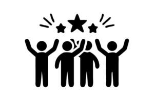 A team of five people celebrating a victory with their arms raised, surrounded by sparkles and stars, symbolizing team success and celebration vector