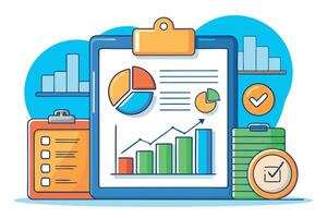 Creative cash flow representation with vibrant charts, graphs, and magnifying glass illustrating financial analysis and growth vector