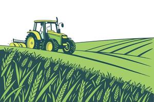 A farmer using a shiny, modern tractor to cultivate a large green field, highlighting the importance of machinery in todays agricultural work vector