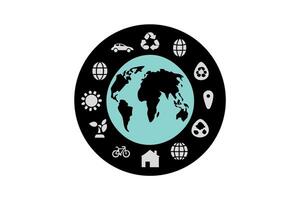 Global Sustainability Icons Encircling the World Earth Day Map Representing EcoFriendly Practices and Environmental Conservation vector