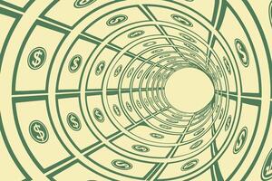 Money Tunnel A symbolic representation of cash flow in business, with money spiraling through a tunnel to indicate financial movement vector