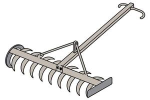 Metal rake with curved teeth used for soil preparation and smoothing dirt in farm field, essential farming tool for ground tilling vector