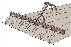 Metal rake with curved teeth used for soil preparation and smoothing dirt in farm field, an essential farming tool ground tilling vector