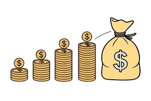 Cash Flow Symbol A bag of money with rising stacks of coins illustrating the gradual but steady increase in financial wealth and security vector