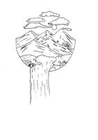 Scenic black and white sketch of mountains trees sun and a waterfall flowing downward perfect for nature art themes and creative projects vector