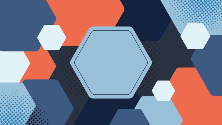 Abstract hexagon background with layered blue and orange shapes ideal for design projects and digital art