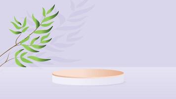 Elegant minimal background featuring a green leaf branch and round podium on a soft pastel purple surface vector