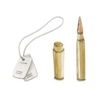 Bullets for rifles with collet and personal soldier military number badges tags simple watercolor illustration set for weapon and military designs vector