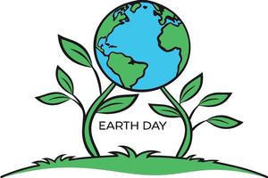 Simple Earth Day design with a world map and leaves representing the green movement and sustainability vector