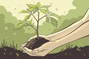Earth Day collaboration, planting a tree with hands working together for sustainability and protecting nature vector