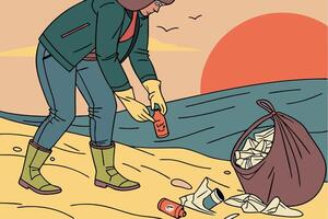 Earth Day coastal cleanup artwork showing garbage collection at shoreline with warm colors and sunset background vector