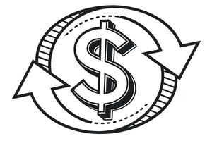 Business Cash Flow Conceptual Icon with Arrows Pointing in and Out of Dollar Sign in Black and White vector