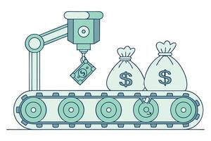 Automated Money Generation System on Conveyor Cash Flow Belt Showing Robotic Arm and Money Bags vector