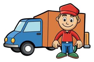 Cartoon post driver tool illustration showing a construction worker installing posts with a heavy duty driver vector
