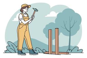 Simplified construction scene with a worker using a post driver to install wooden posts for a fence in a field vector