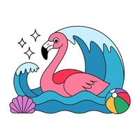 Pink Flamingo Floating in Ocean Waves with Beach Ball vector
