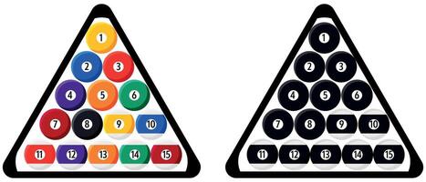 Pool Balls racked up in a triangle, colour and black silhouette version isolated on a white background vector