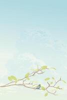 A bird perched on a tree branch with clouds and blue sky vertical background graphic illustration have blank space. vector