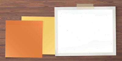 Blank old photograph paper horizontal frames and blank sticky papers stick on cut timber panels background graphic illustration have blank space. vector