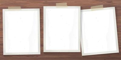 3 of blank old photograph paper vertical frames stick on cut timber panels horizontal background graphic illustration. vector