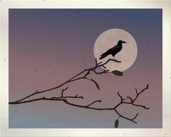 Old photograph of silhouette crow perched on a leafless branch have full moon and dramatic sky background fade condition graphic illustration have blank space. vector
