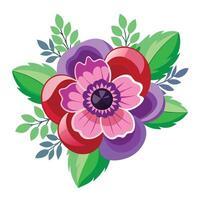 Anemone Flower with Pink Petals and Green Leaves in a Garden Setting vector
