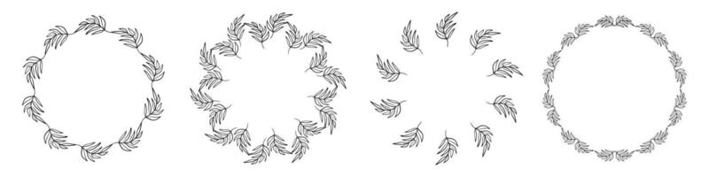 Hand-drawn circular leaf wreath frames set. botanical decorative borders made of leafy branches, ideal for invitations, wedding designs, eco branding, cards, and nature themed graphics. vector
