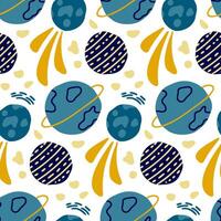 Seamless cartoon space pattern with colorful abstract planets, stars, and comets in a fun and playful style, perfect for childrens designs, wallpapers, fabric, and creative educational materials vector