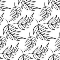 Seamless black and white hand-drawn leaf pattern featuring leaf shapes in a minimalist doodle style, perfect for coloring pages, fabric prints, eco designs, stationery and backgrounds vector