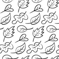 Seamless black and white hand-drawn leaf pattern featuring various leaf shapes in a minimalist doodle style, perfect for coloring pages, fabric prints, eco designs, stationery, and backgrounds vector